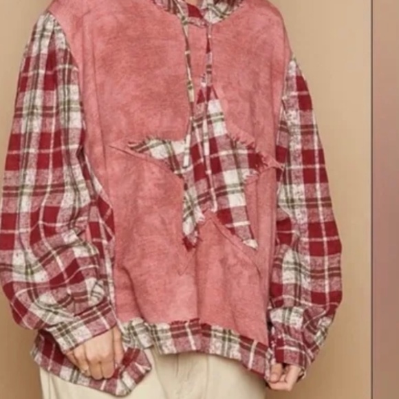 New POL Star Patch Plaid Flannel Long Sleeve Hooded Top Hoodie  Size Large - Picture 5 of 10